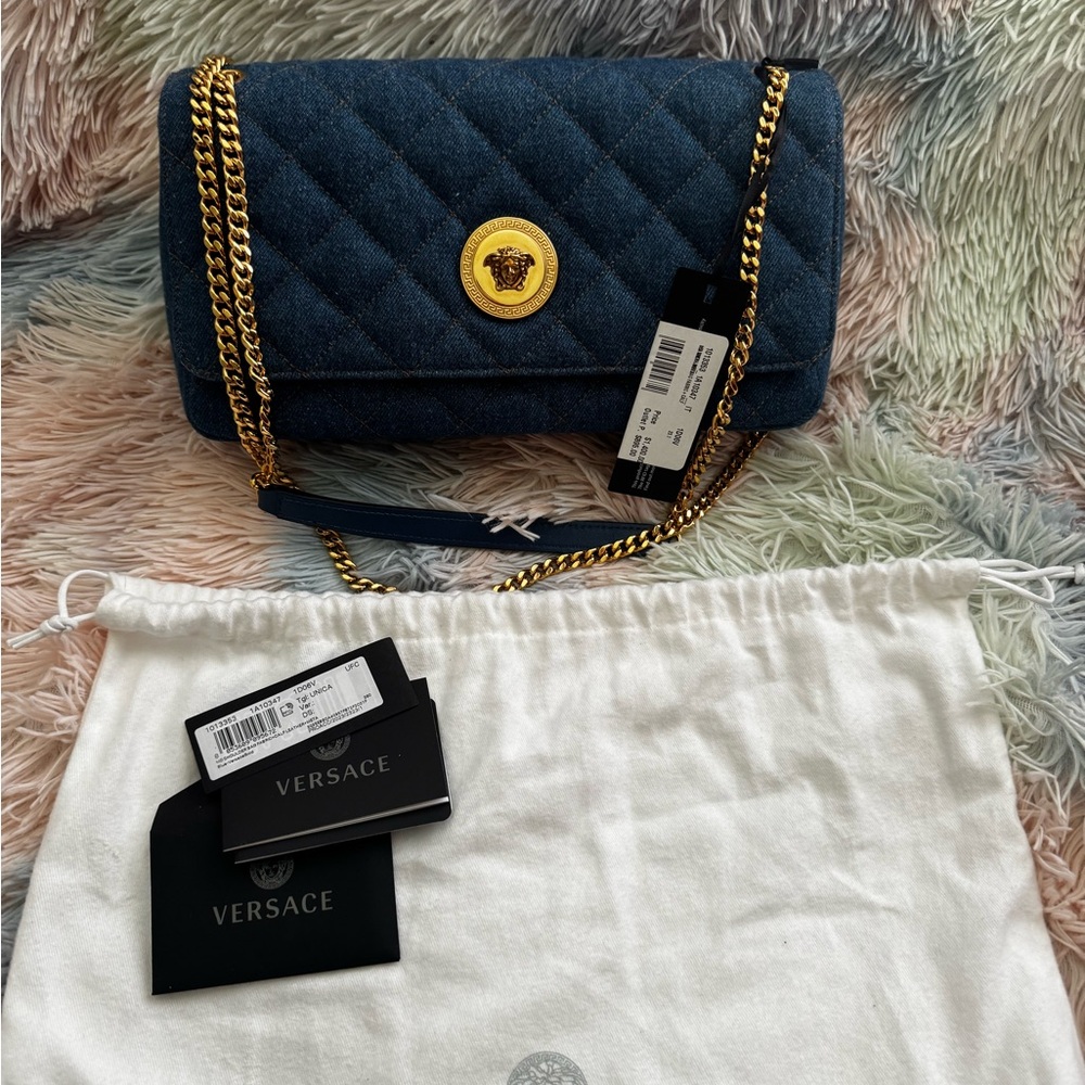 Versace Blue demin and Gold Quilted Shoulder Bag
